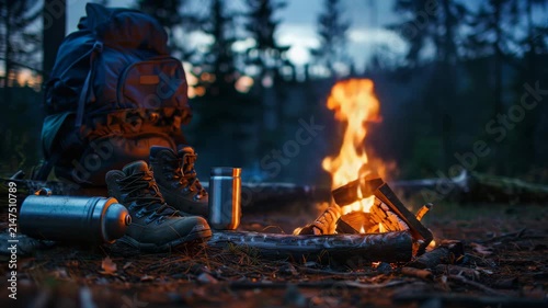 Cozy Forest Campsite with Glowing Campfire and Tent at Sunset