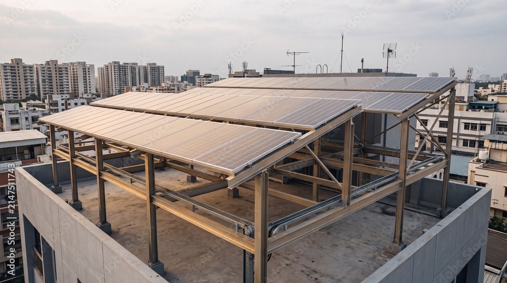 Naklejka premium Rooftop Solar Panels on Building Installation for Sustainable Urban Energy Generation and Green Technology Investment