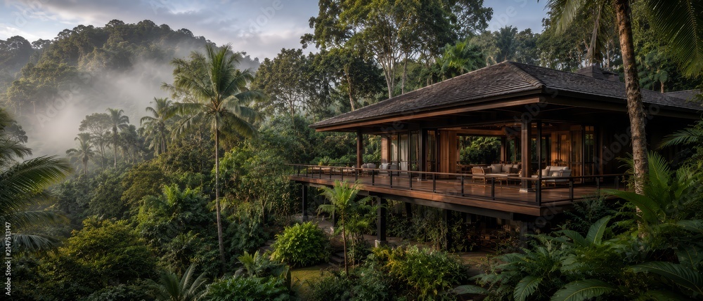 Obraz premium Elevated wooden tropical villa with panoramic deck and open air lounge overlooking a rainforest canopy at sunrise, a secluded luxury retreat immersed in misty jungle landscape.