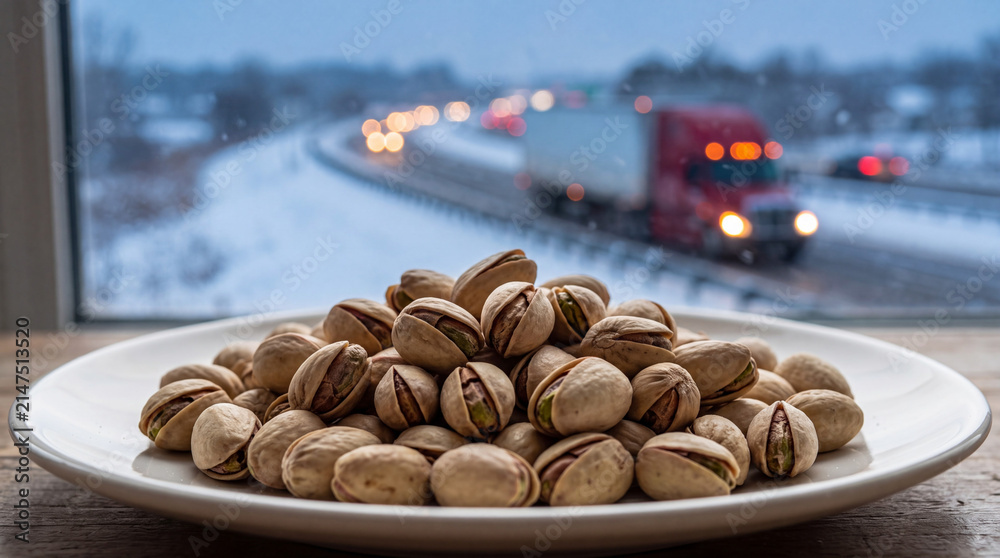 Obraz premium A pile of roasted pistachios in shells on a white ceramic plate sitting on a windowsill with a blurred winter highway and moving truck in the background