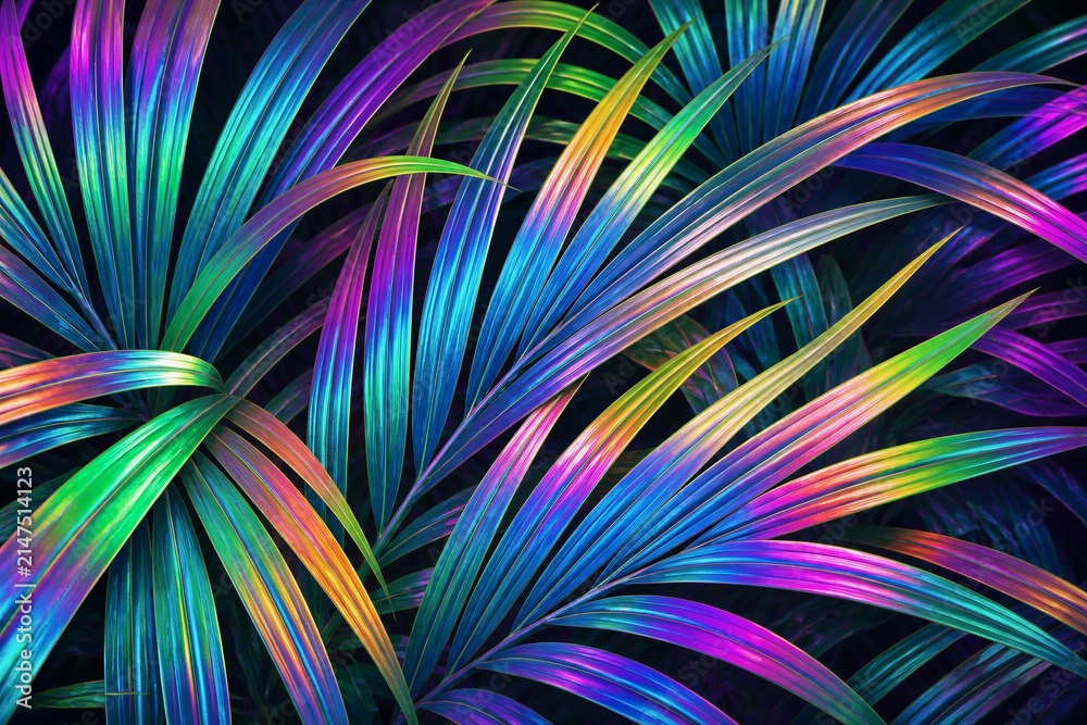 Obraz premium Tropical palm leaves displaying iridescent rainbow colors closeup