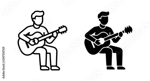 Acoustic guitar player icon, musician playing instrument, musical performance vector set