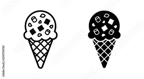 Ice Cream Cone Icon Set, Sweet Dessert Vector Graphics, Black and White Summer Treat Illustration
