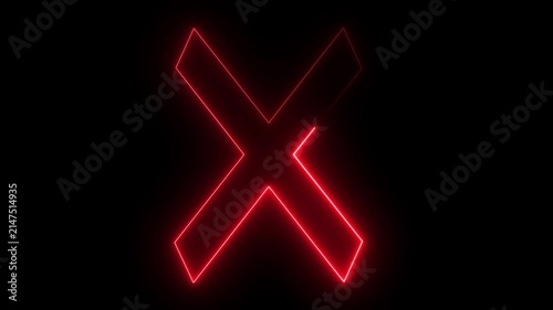 Glowing neon red cross mark icon with vibrant light effects, symbolizing error, cancel, wrong, or close actions. motion graphic