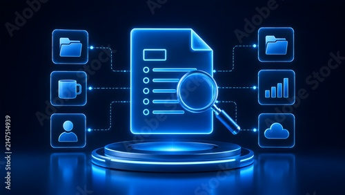 Futuristic neon blue digital document with magnifying glass and connected interface icons representing electronic file management auditing and data search system