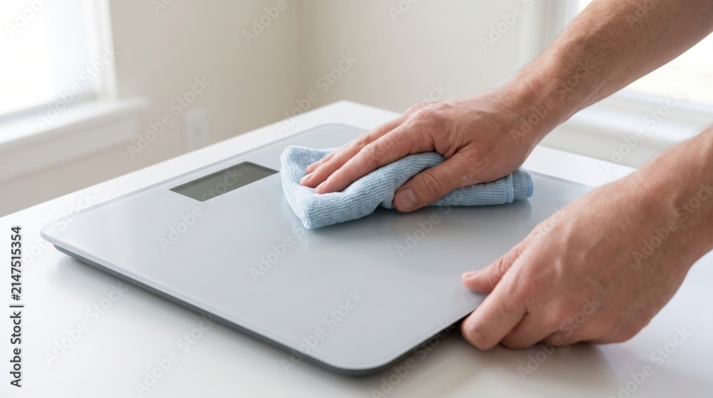 Fototapeta premium Wiping a digital glass bathroom scale with a blue microfiber cloth