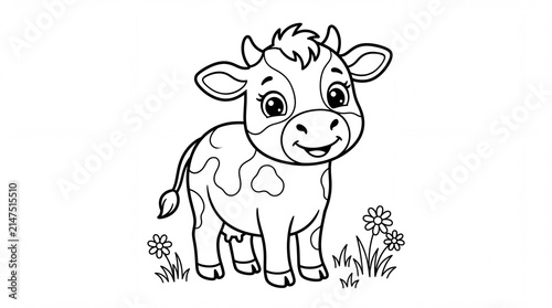 Cute cartoon cow character standing in a meadow with small flowers, black and white line art coloring page for children and preschool kids activity