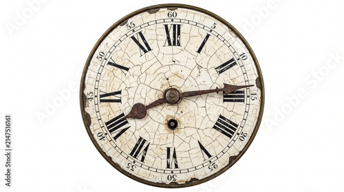 Vintage cracked clock face with roman numerals with antique clock dial peeling white paint black numerals oldfashioned chronometer background