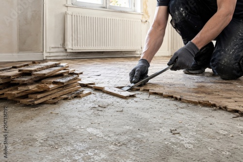 Wood flooring restoration work is taking place in a room during the day