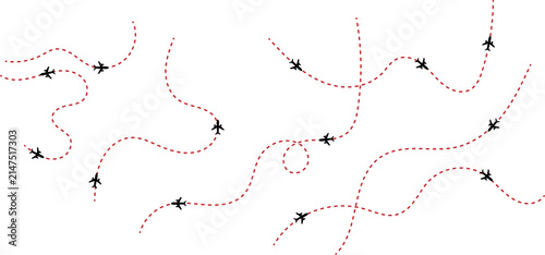Obraz na płótnie Small black airplanes flying with dashed red travel path lines on a simple desig