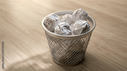 A metal mesh waste bin overflowing with crumpled white paper balls rests on a polished wooden surface.