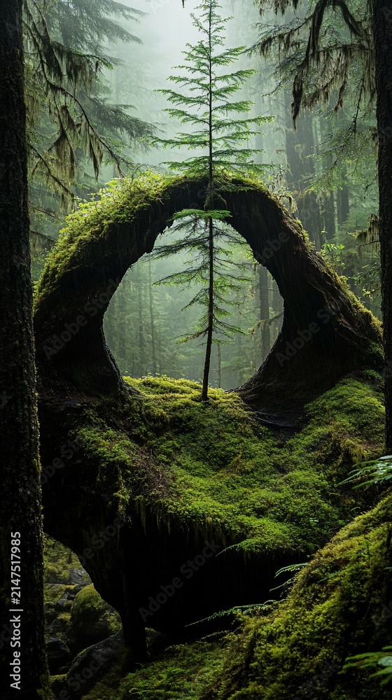 Fototapeta premium Mystical forest archway. A mossy, dark, ancient tree trunk forms a natural archway, framing a young tree, in a dense, misty forest. Lush greenery and fog embrace the scene