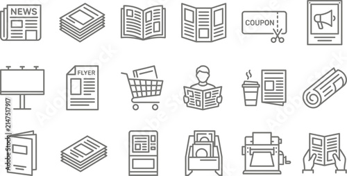Professional vector illustration set depicting various monochrome printed media icons for modern marketing and advertising projects