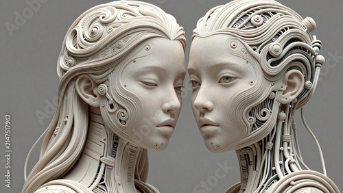 Futuristic robotic figures in close proximity with intricate mechanical designs