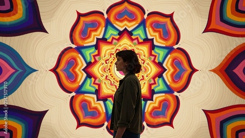 Silhouetted Figure Before Vibrant Psychedelic Mandala Wall Art