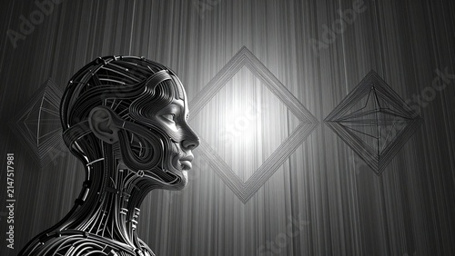 Robotic Human Head with Intricate Circuitry and Geometric Background