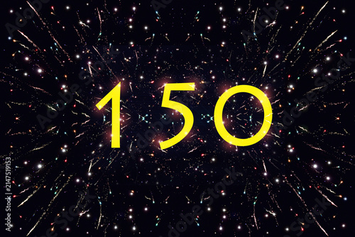 Die Zahl 150 Jahre vor einem Nachthimmel mit vielen Glitzerpunkten und Raketen. 150 Jahre Jubiläum