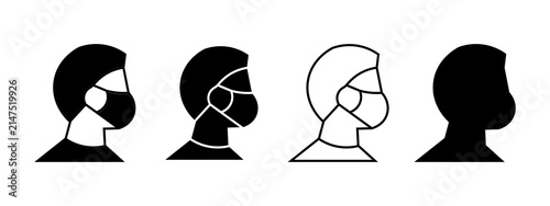 Set of human profile icons wearing medical face masks in different black and white vector styles