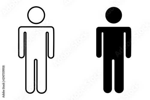 Black and white person icon set showing a solid figure and a thin line outline shape