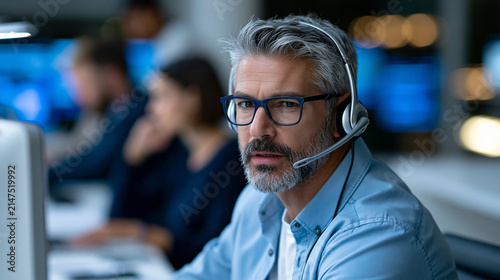 Emergency call center supervisor overseeing team of dispatchers on shift, defocused background, with copy space