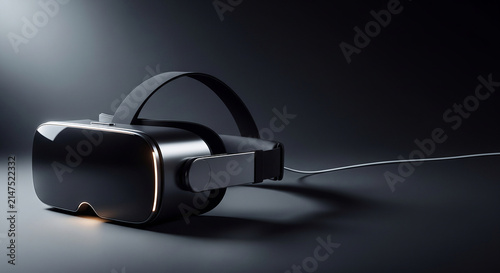 Modern black virtual reality headset on dark studio background