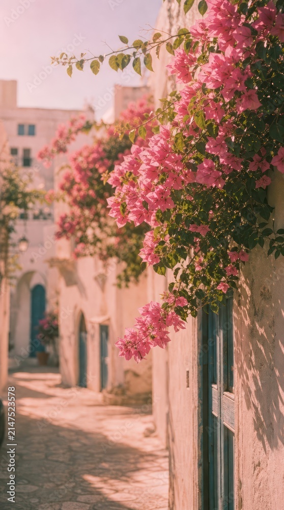 Obraz premium Charming street with pink flowers and white buildings mobile wallpaper.
