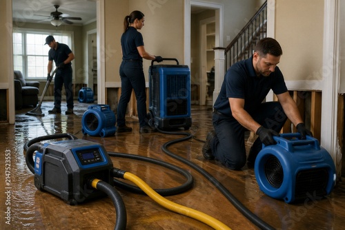 Restoration team drying water damaged floors inside home