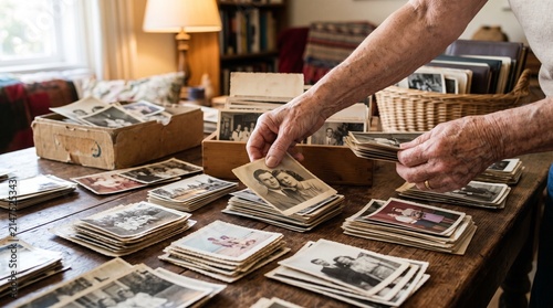 Elderly hands sorting through a large collection of vintage black and white photographs on a wooden table