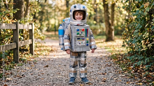 Young boy in homemade cardboard astronaut costume smiling in a forest path during autumn