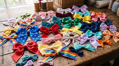Collection of Handmade Fabric Bows in Various Colors and Patterns on a Wooden Table