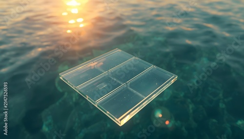 Transparent solar panel array floating above calm emerald ocean waters under warm golden sunset glow with water sunlight reflecting reflecting off waves