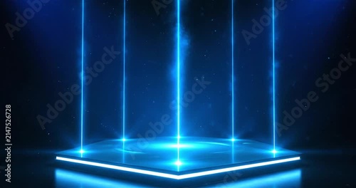 Futuristic Blue Neon Stage With Glowing Light Beams and Empty Podium, Virtual Technology Background for Product Display, Award Ceremony, Presentation, Concert Intro and Motion Graphics