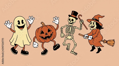 Vintage cartoon style halloween characters set including a ghost, pumpkin, skeleton, and witch