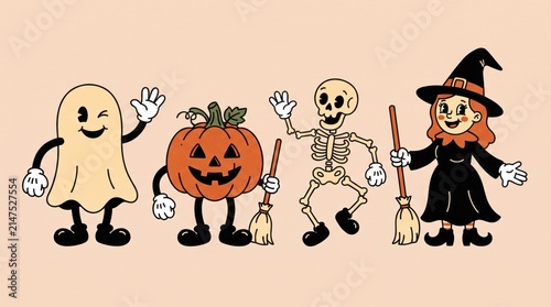 Vintage halloween characters set with ghost, pumpkin, skeleton and witch in retro cartoon style
