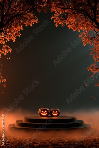 Two glowing jackolanterns on a tiered pedestal under an autumn tree canopy with fog and falling leaves for halloween