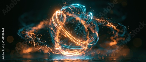 Abstract energy sphere with glowing blue and orange light trails and particles, futuristic technology background