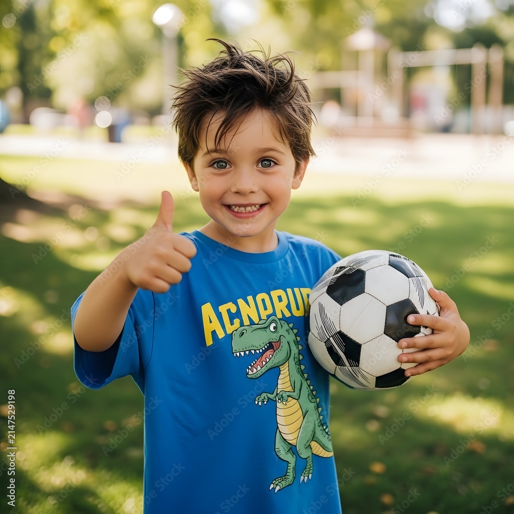 Obraz premium Smiling young soccer player holding a football and giving a thumbs up outdoors on a sunny sports field, Generative AI