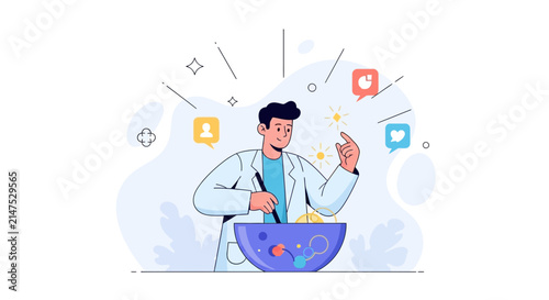 Scientist Mixing Ideas in Bowl with Social Media Icons
