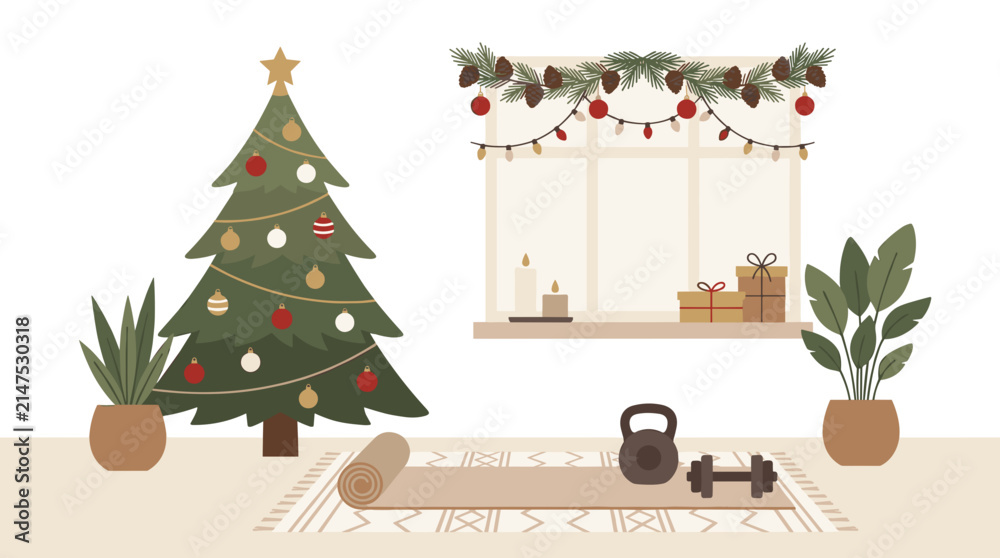 Fototapeta premium Cozy Christmas Home Gym with Decorated Tree and Festive Window