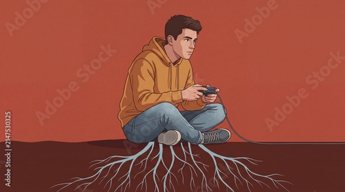 Gaming Boy Grounded with Roots Extending Below Illustrating Deep Immersion and Connection to Digital Entertainment