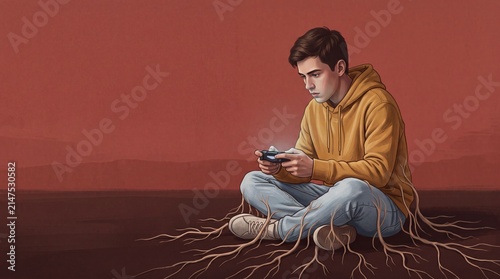 Gaming Addiction and Young People Showing Roots Emerging from the Body of the Gamer a Visual Metaphor for Being Stuck