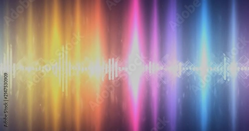 Abstract rainbow light spectrum with geometric pattern overlay.