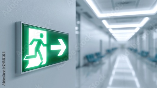 A bright green illuminated emergency exit sign with a running man and arrow is mounted on a light gray wall in a modern hallway.