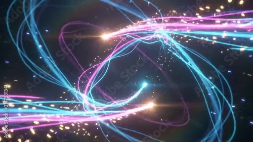 Abstract Neon Energy Beams Colliding and Swirling into a Glowing Core with Particle Effects, Isolated on Black Background