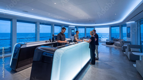 Baristas serving guests at a modern illuminated bar on a luxury cruise ship