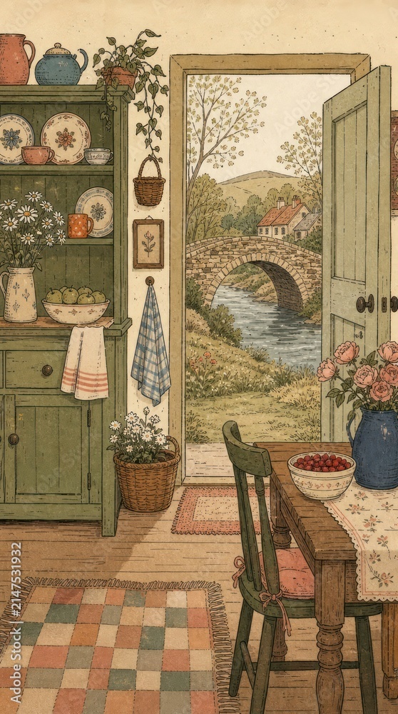 Obraz premium Vintage countryside kitchen scene, ideal for mobile wallpaper.
