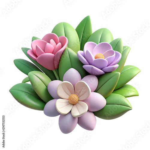 Beautiful 3d rendered bouquet of soft pastel flowers with vibrant green leaves and delicate petals presented on transparent background