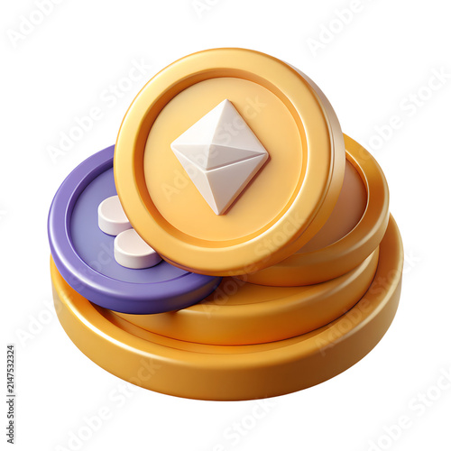 Golden cryptocurrency coins featuring geometric symbols arranged on a vibrant purple disc with a shiny finish rendered on transparent background