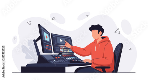 Video Editor at Work: Modern Illustration of a Person Editing Film on a Multi-Monitor Setup with Editing Console