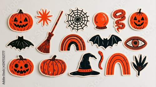 Set of cute halloween stickers, handdrawn vector illustrations of pumpkins, bats, witch hat, broom, spider web and rainbow